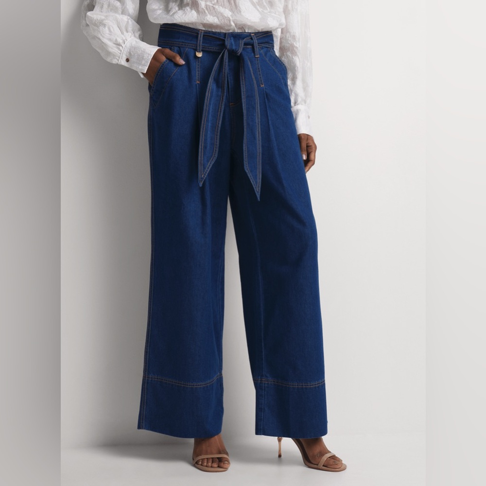 Oat New York Wide-Leg Blue Denim Tie Pants size 8/29 NWT